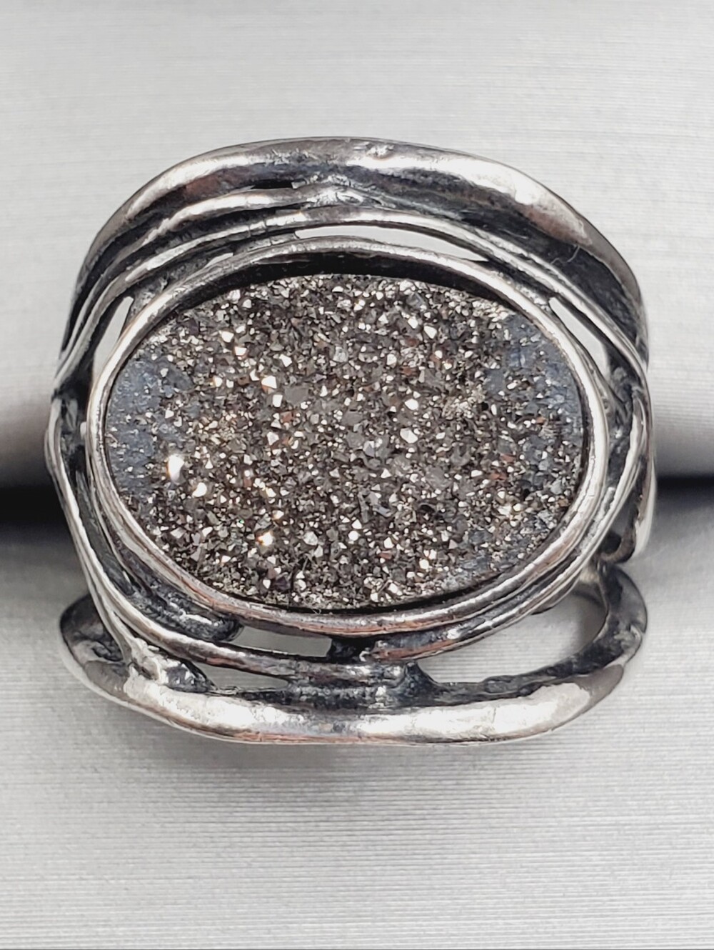 Silver Druzy Quartz Oval Statement Ring - 925 Sterling Silver Sparkle